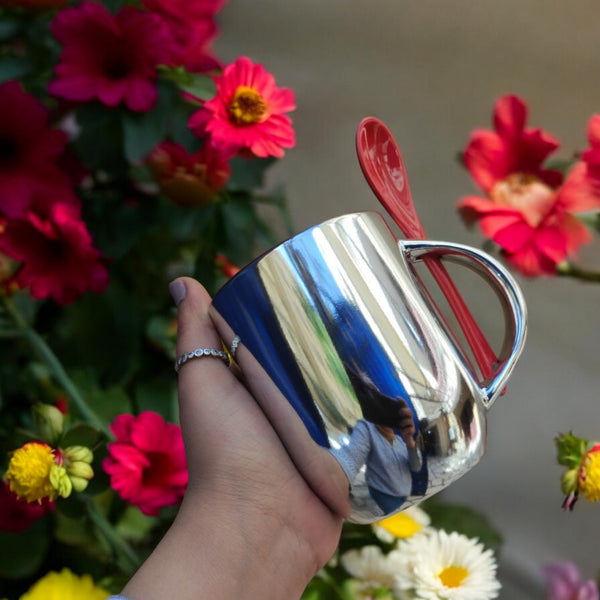 Silver Mirror Mug with Spoon -Customization Option - WE PRINT