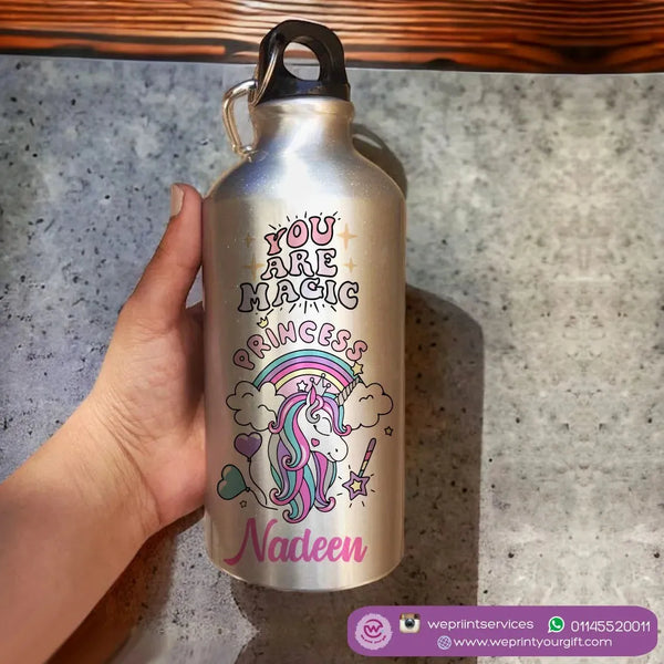 Water Bottle flask -Aluminum -Silver unicorn - WE PRINT