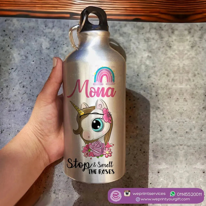 Water Bottle flask -Aluminum -Silver unicorn - WE PRINT