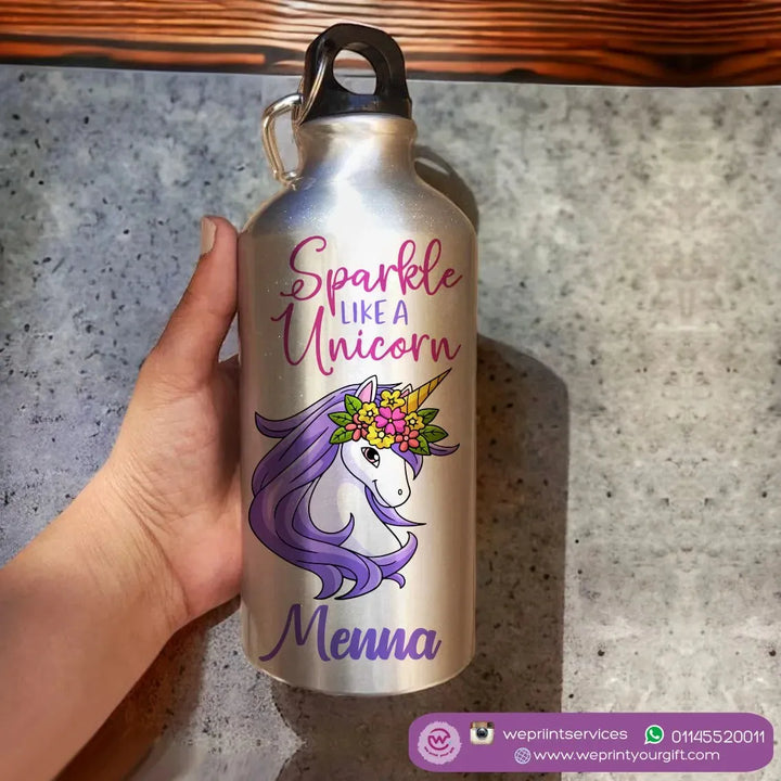 Water Bottle flask -Aluminum -Silver unicorn - WE PRINT