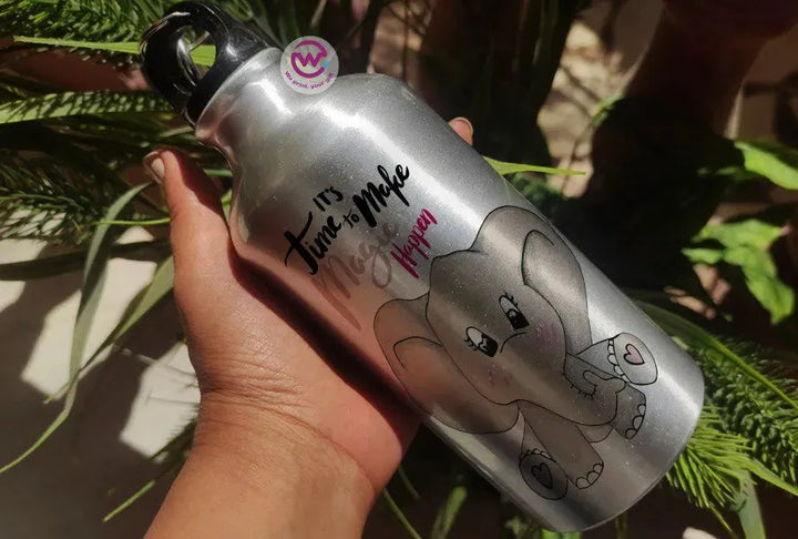 Water Bottle flask -Silver-Aluminum -Elephant - WE PRINT