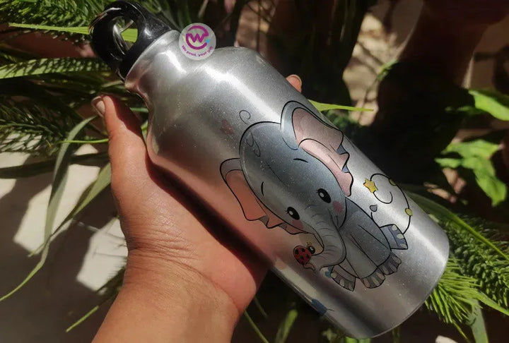 Water Bottle flask -Silver-Aluminum -Elephant - WE PRINT